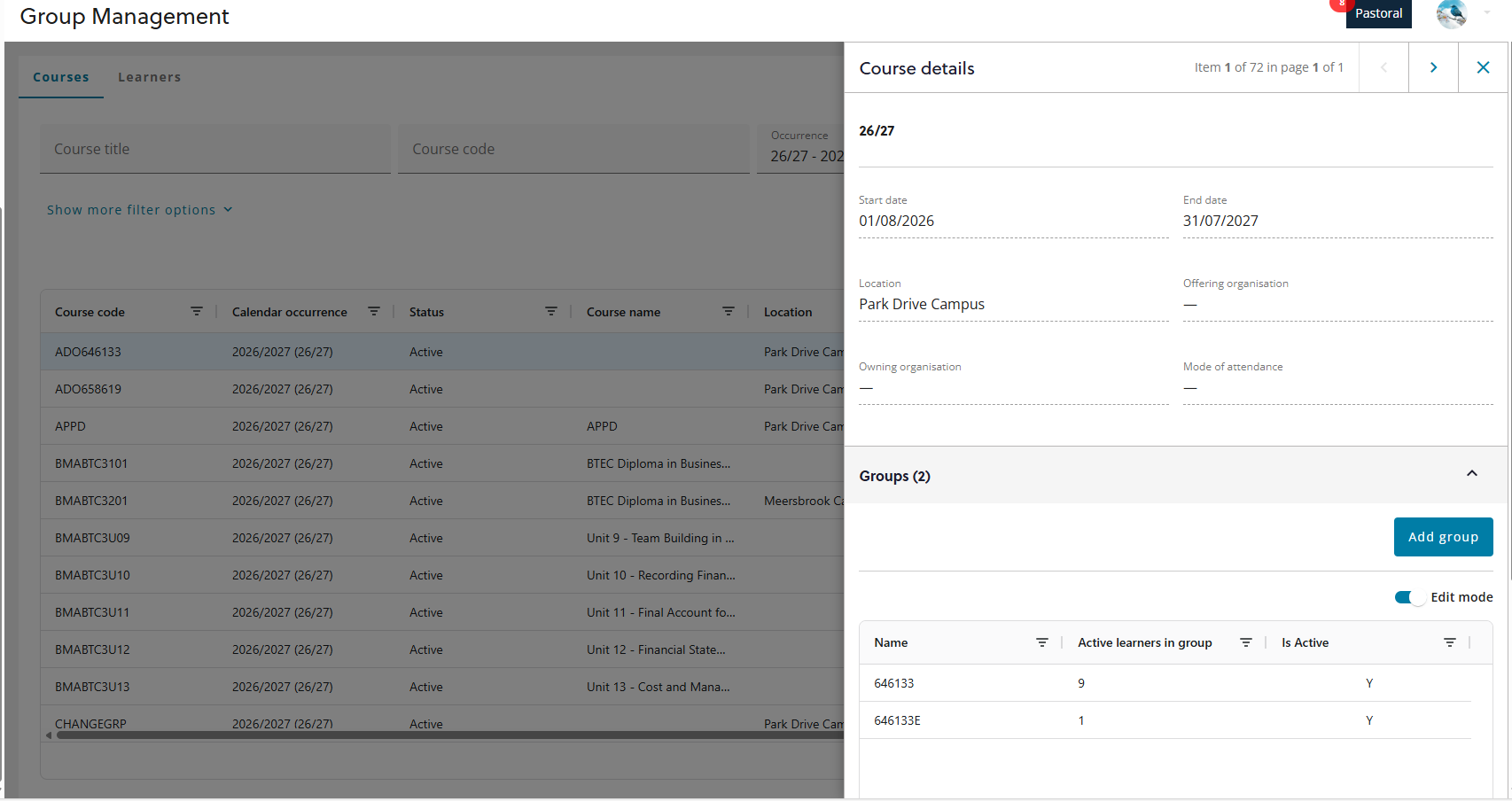 Editing groups for a course in group management
